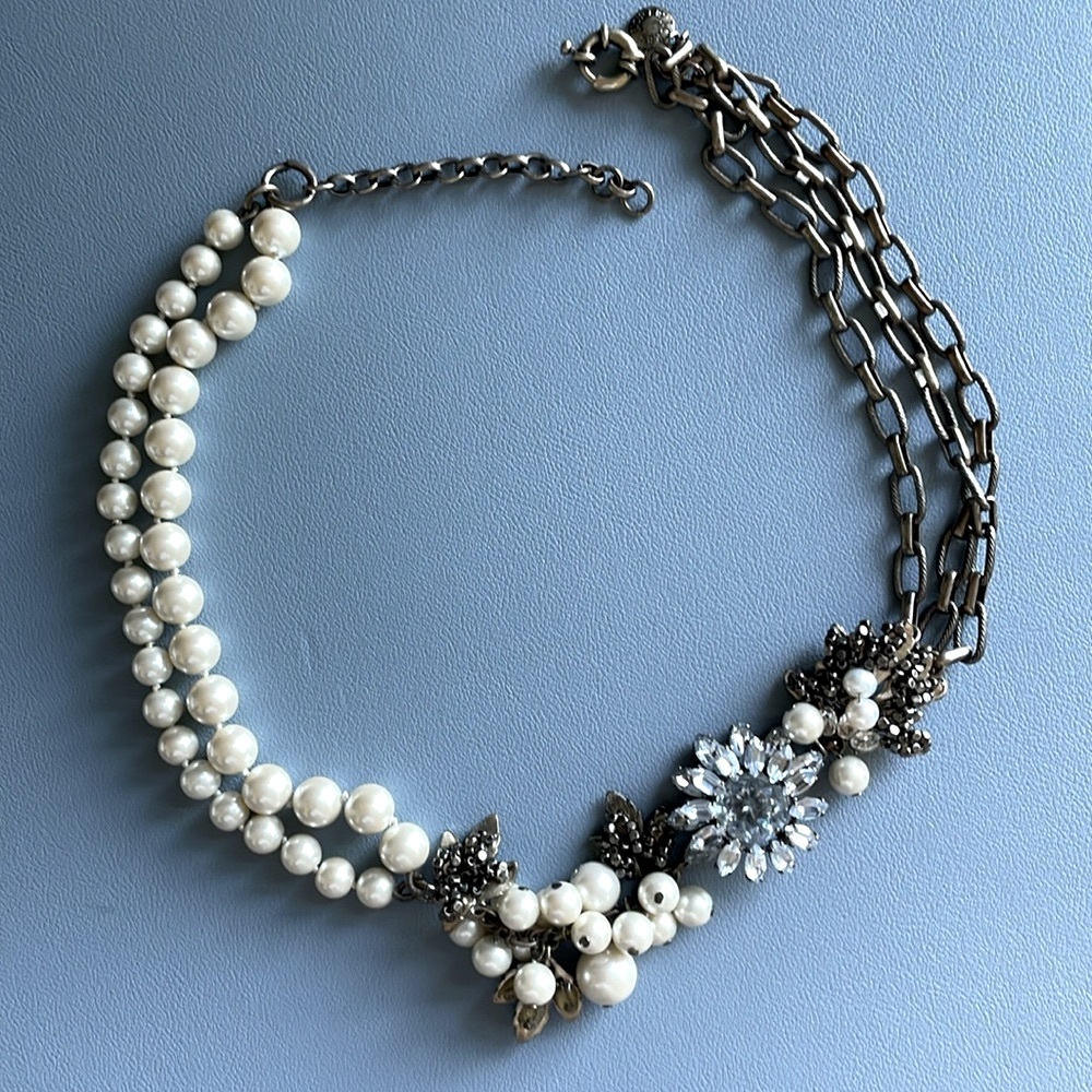 J. Crew Pearl and Crystal Floral Necklace on Brass tone link